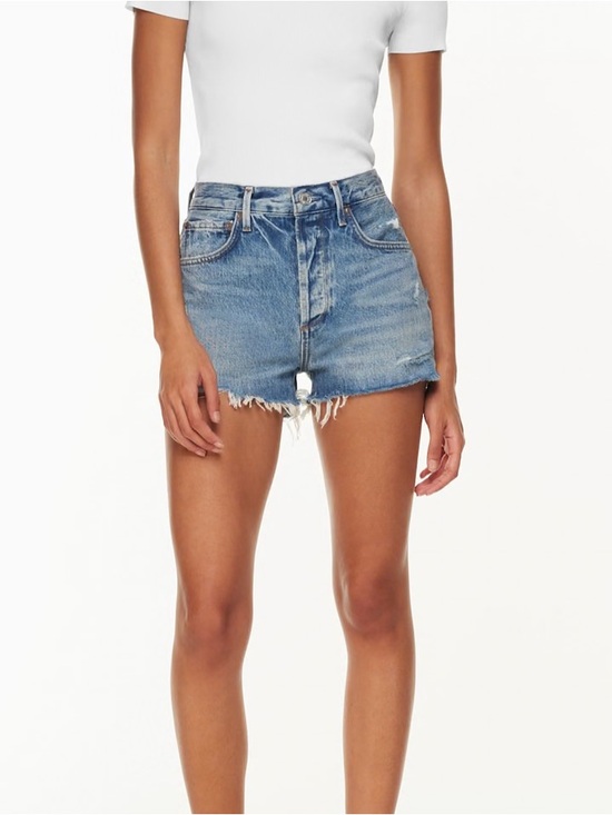 Agolde Pants - Agolde high rise medium Blue Jaden Distressed Denim Cutoff Shorts size 25